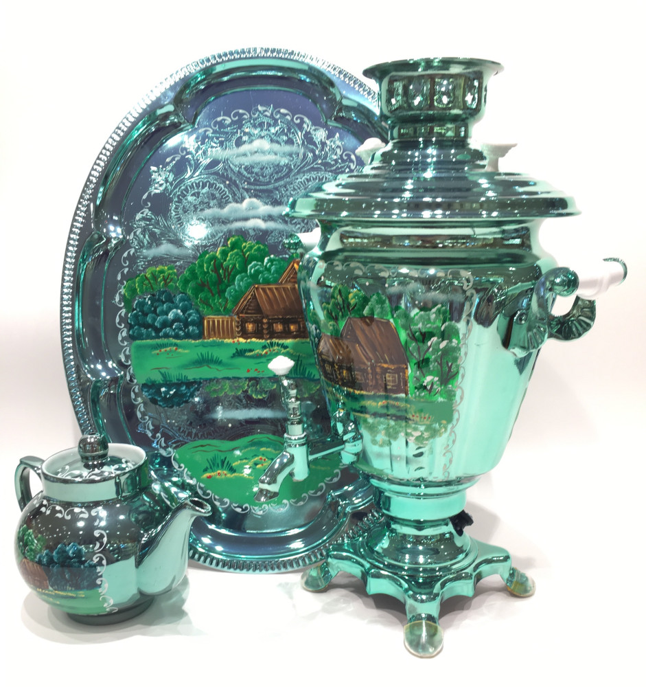 Green Winter Landscape Hand Painted Electric Samovar Kettle with Teapot and Tray