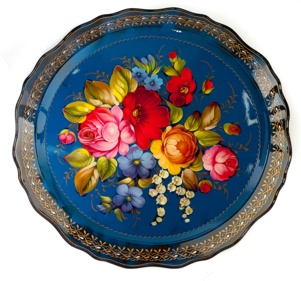 d 450 mm Zhostovo Patterns hand painted and lacquered by Ryabova Metal Forged Tray (by Lada Crafts)