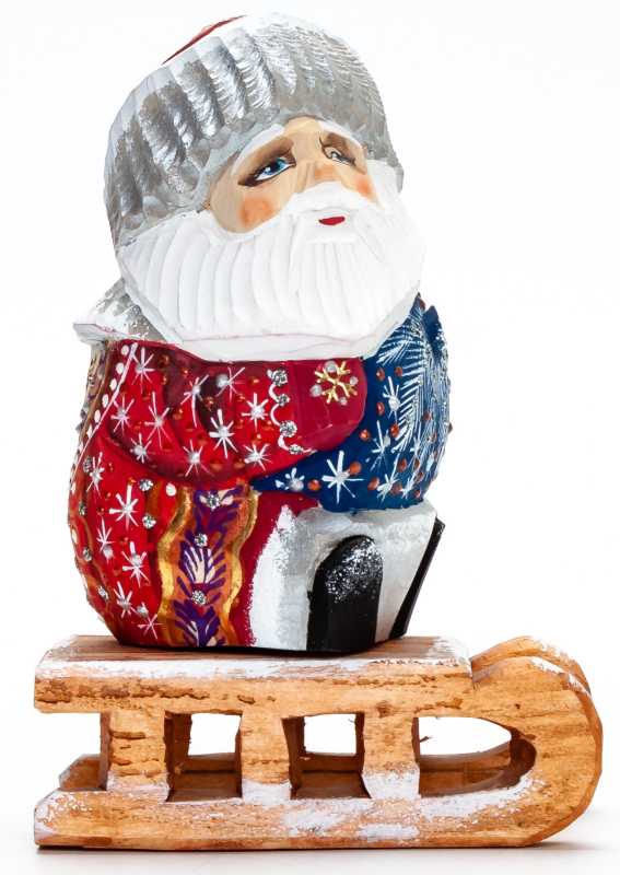 130 mm Santa with a Bag Riding the Sleighs Carved Wood Hand Painted Collectible Figurine  (by Igor Carved Wooden Figures Studio)