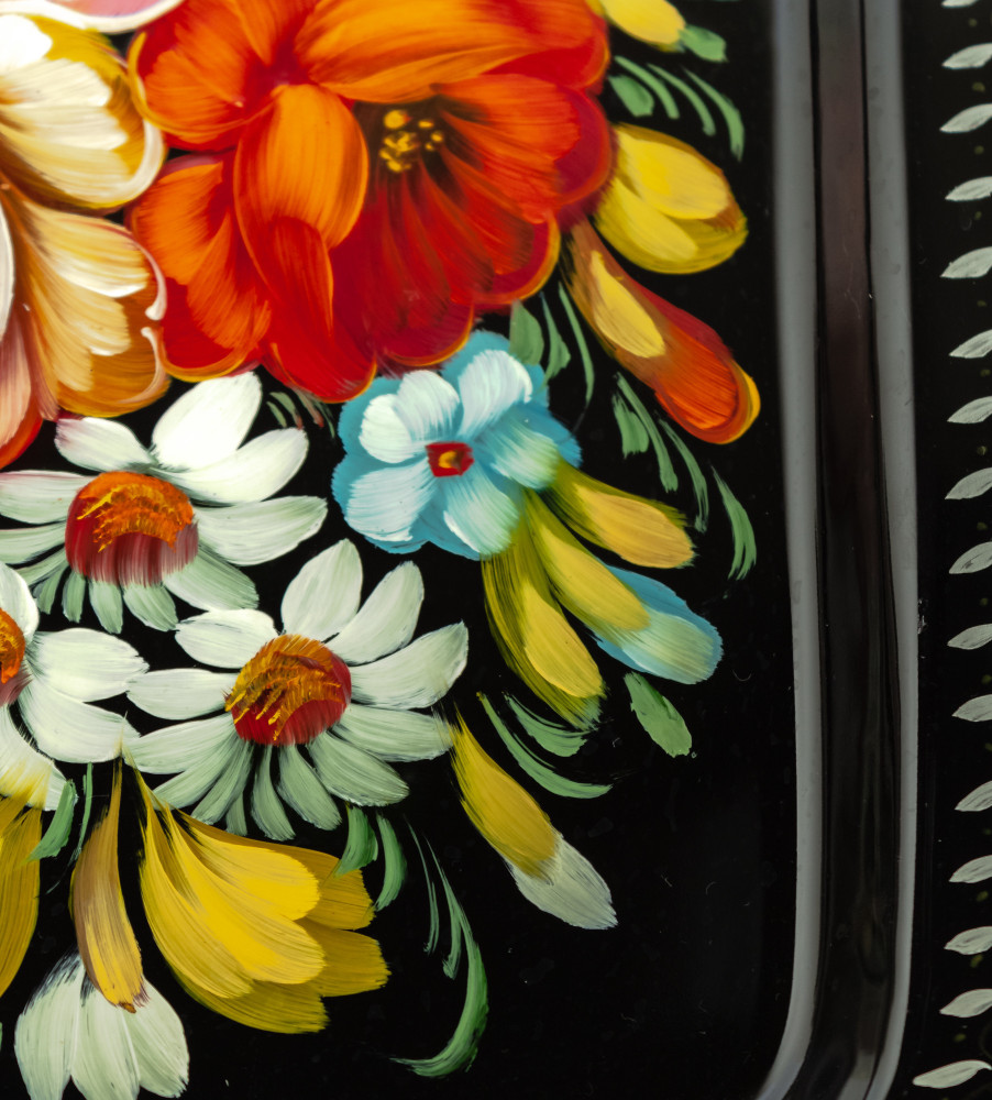 195x260 mm Zhostovo Patterns hand painted and lacquered Metal Forged Black Tray (by Lada Crafts)