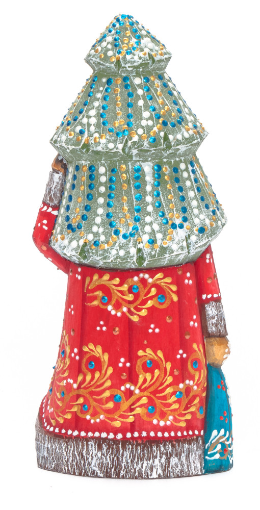 180 mm Santa with a Green Christmas Tree and a Bag Carved Wood Hand Painted Collectible Figurine (by Natalia Nikitina Workshop)