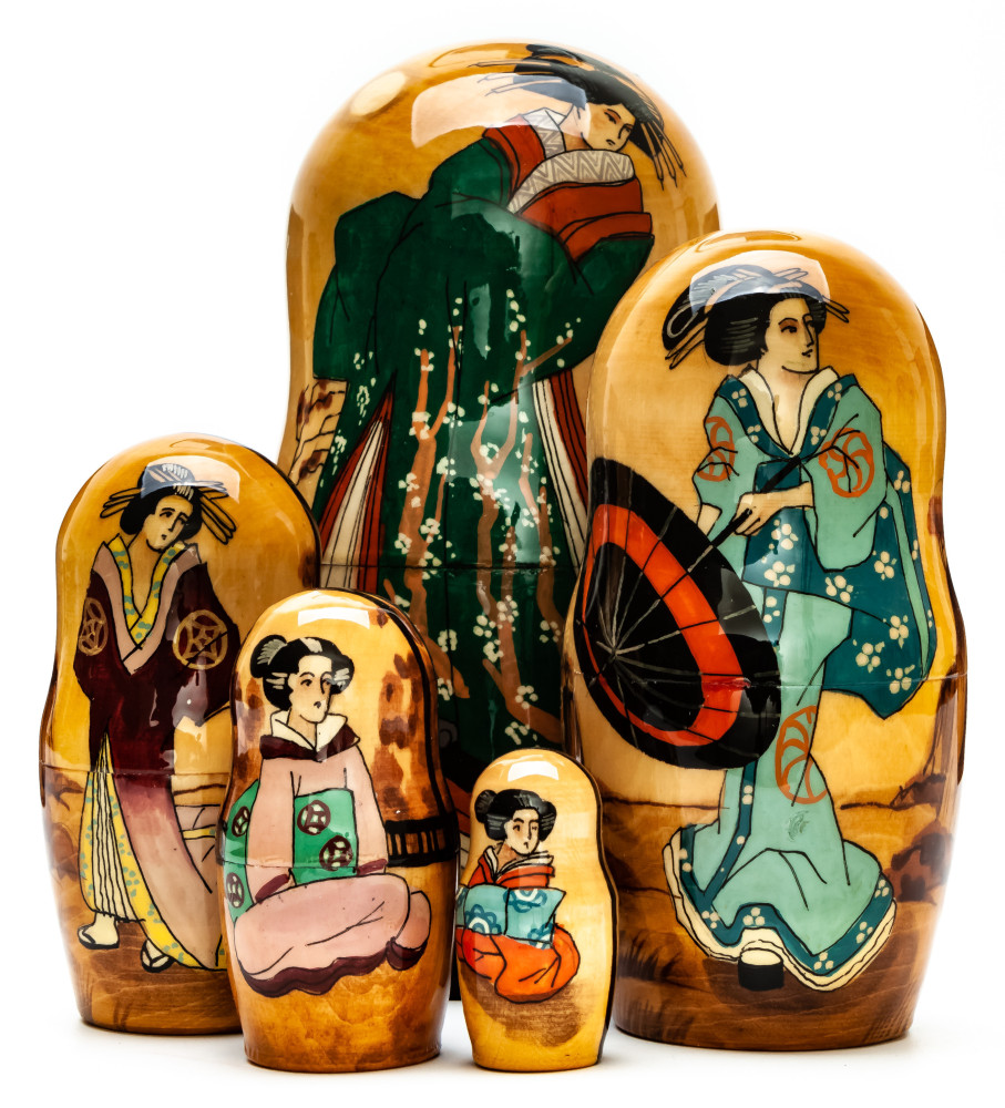 180mm Geisha hand painted on wooden Matryoshka doll 5 pcs (by Alexander Famous Paintings Studio)