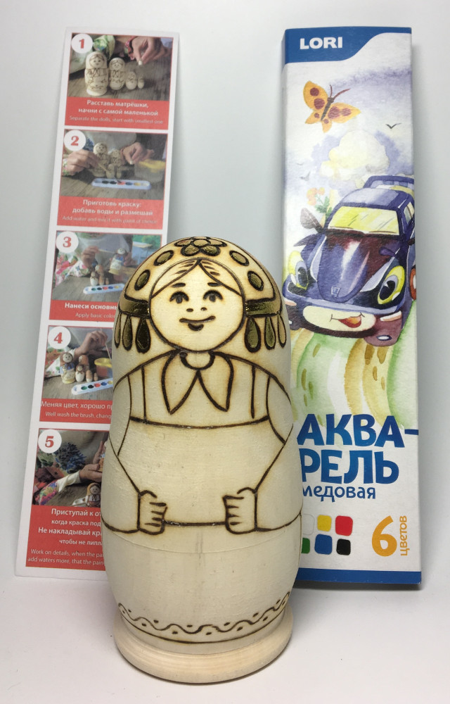 100 mm Blanc Matryoshka with Kokoshnik doll 3 pcs inside with paints, brushes, instruction manual (by Sergey Carved Wooden Dolls)