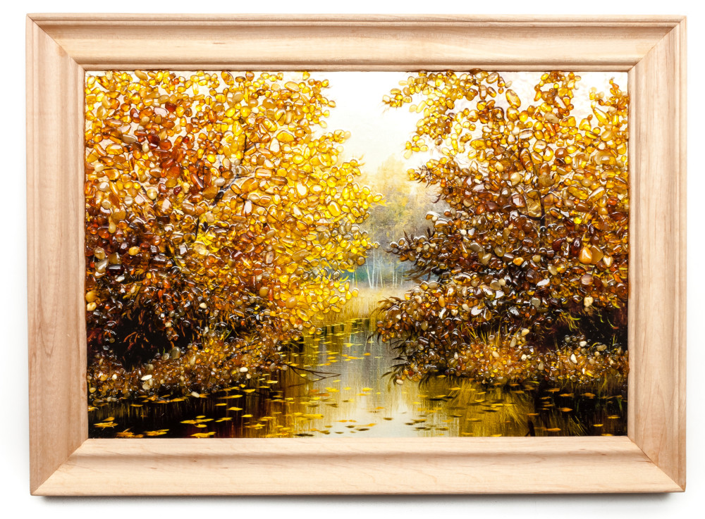 275x205 mm Autumn Landscape on red background hand made of natural Baltic Sea Amber stones (by Russian Amber)