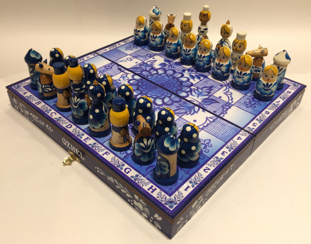 Wooden Chess Board with Gzhel Art Hand Painted Chess Pieces