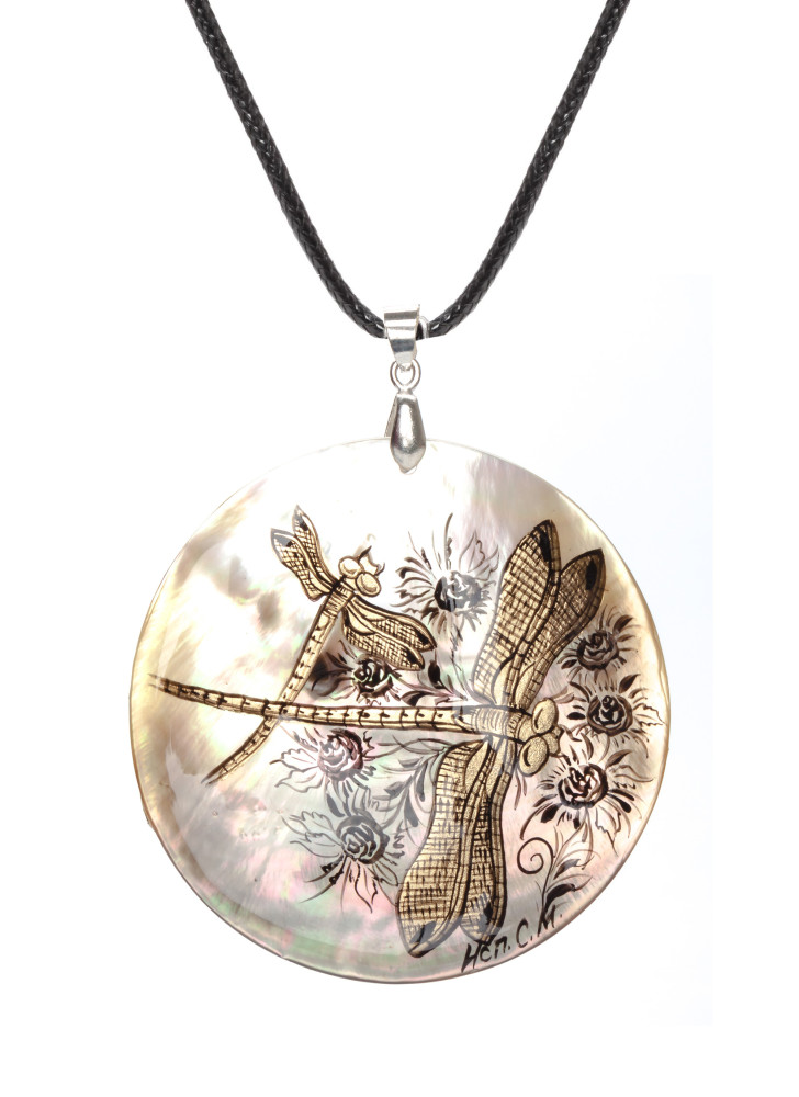 d60 mm Dragonflies hand painted Nacre Pendant (by Tatiana Shkatulka Crafts)