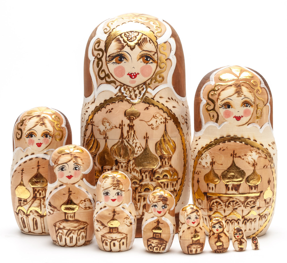 240 mm Moscow Saint Basil Cathedral handpainted and burnt Wooden Matryoshka Doll 10 pcs (by Skazka)