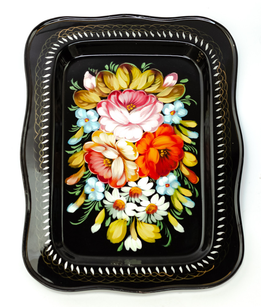 195x260 mm Zhostovo Patterns hand painted and lacquered Metal Forged Black Tray (by Lada Crafts)