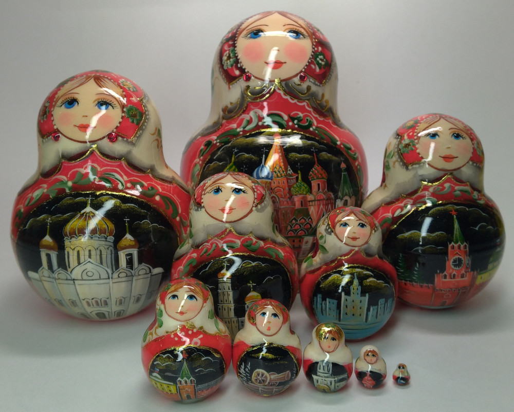 130 mm Moscow Cathedrals hand painted wooden round Matryoshka doll 10 pcs (by A Studio)