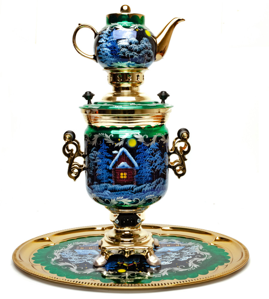 Russian Christmas Night Hand Painted Electric Samovar Kettle with Teapot and Tray