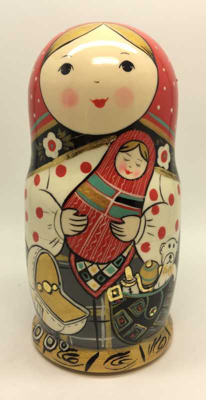 180 mm Russian Girl plays with baby Girl hand painted wooden Matryoshka doll 5 pcs (by A Studio)