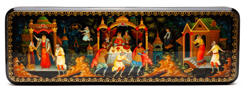 300x100mm The Tale of the Fisherman and the Fish hand painted lacquered box from Palekh (by Pavel Studio)