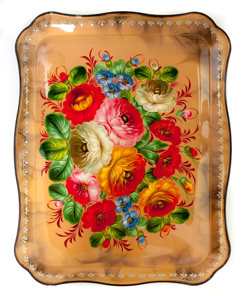 345x450 mm Zhostovo Patterns hand painted and lacquered by Gogina Metal Forged Tray (by Lada Crafts)