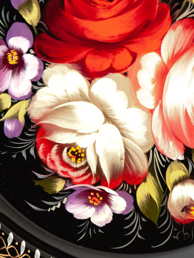 d 220 mm Zhostovo Patterns hand painted and lacquered by Blagova Metal Forged Black Tray (by Lada Crafts)