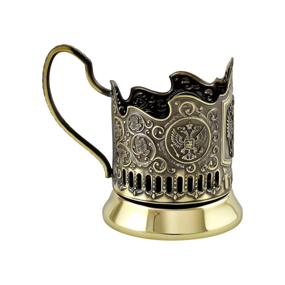 Coat of arms of the Russian Federation pure brass glass holder with crystal glass