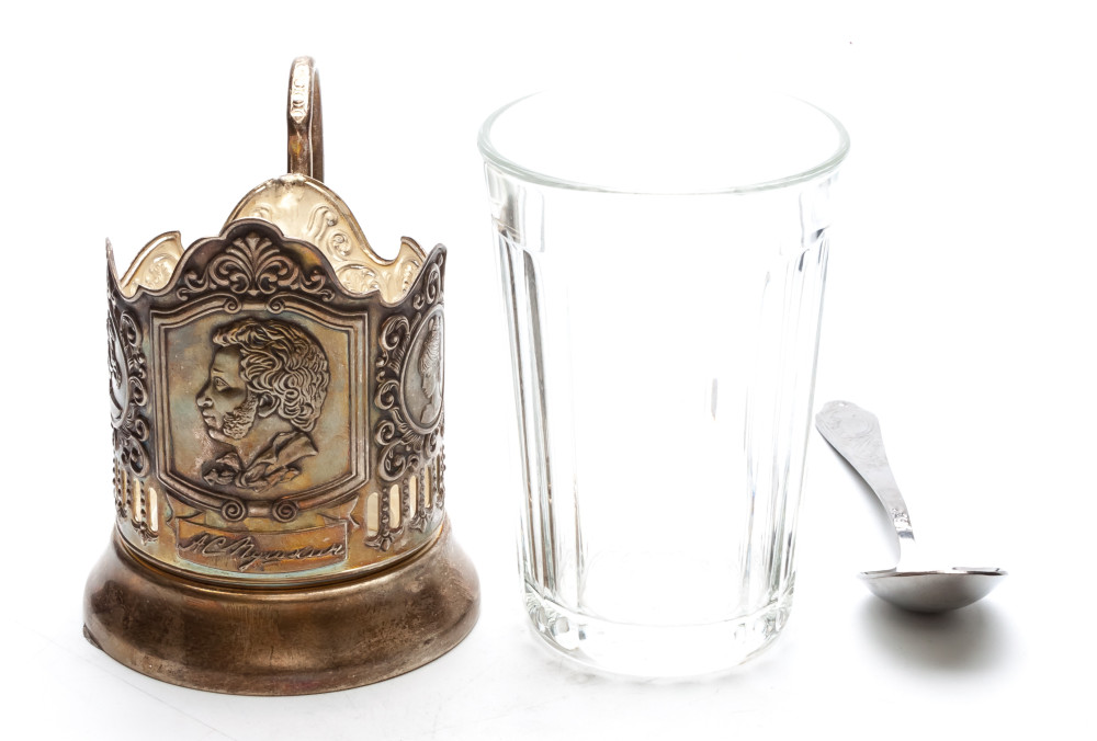 Pushkin Silver Plated Brass Tea Glass Holder with Faceted Glass (by Kolchugino)