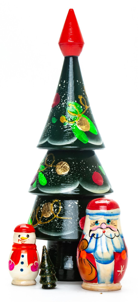 210 mm Christmas Wooden Green Tree with Hand Painted Garlands and Decorations