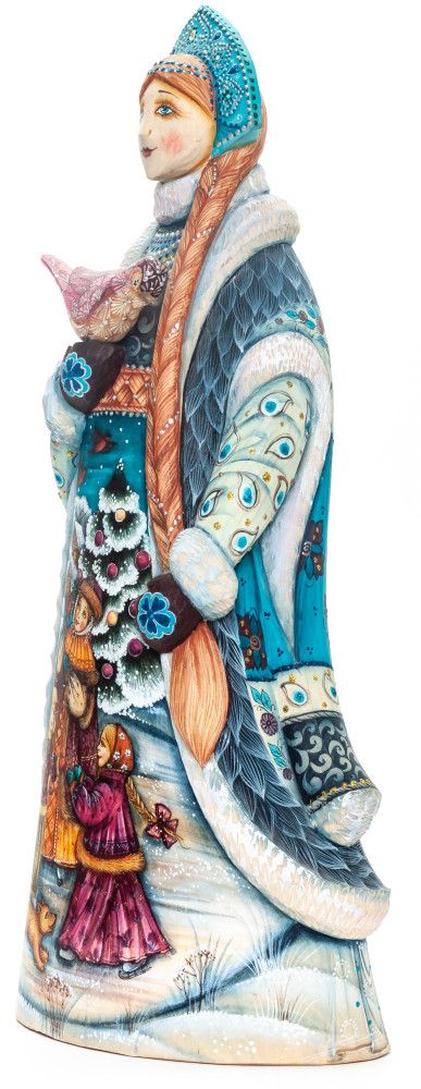 290 mm Snowmaiden Princess with a Bird with hand painted Playing Children Wooden Statue (by Karpova Nadezda)
