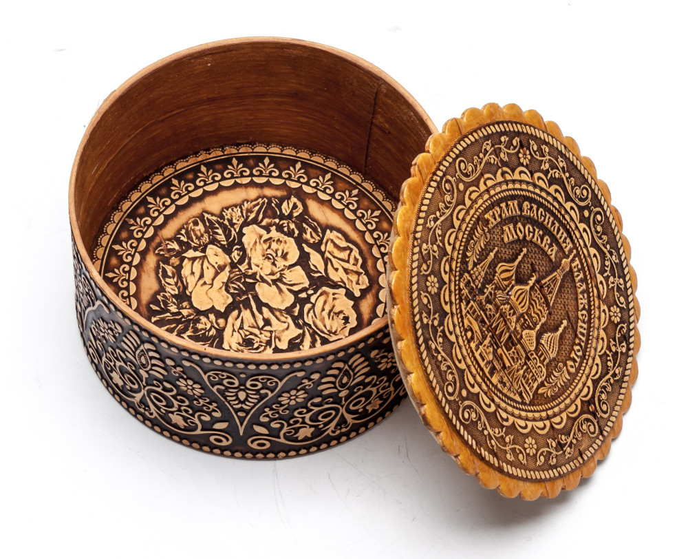 d 65 mm Siberian Patterns hand made Birchbark Jewelry Box (by Maxim Birch)