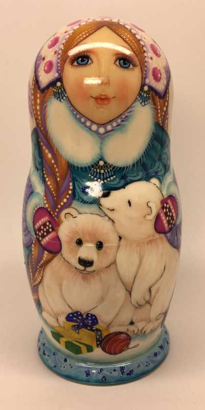 130 mm Snowmaiden Princess and Polar Bears hand painted wooden Matryoshka 5 pcs (by Vasily Crafts)