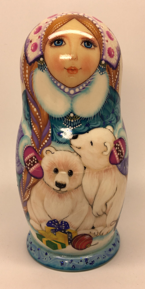 130 mm Snowmaiden Princess and Polar Bears hand painted wooden Matryoshka 5 pcs (by Vasily Crafts)
