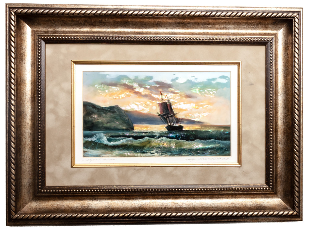 470x345 mm Seascape hand painted on Nacre Fedoscino painting (by Tatiana Fedoscino Arts)