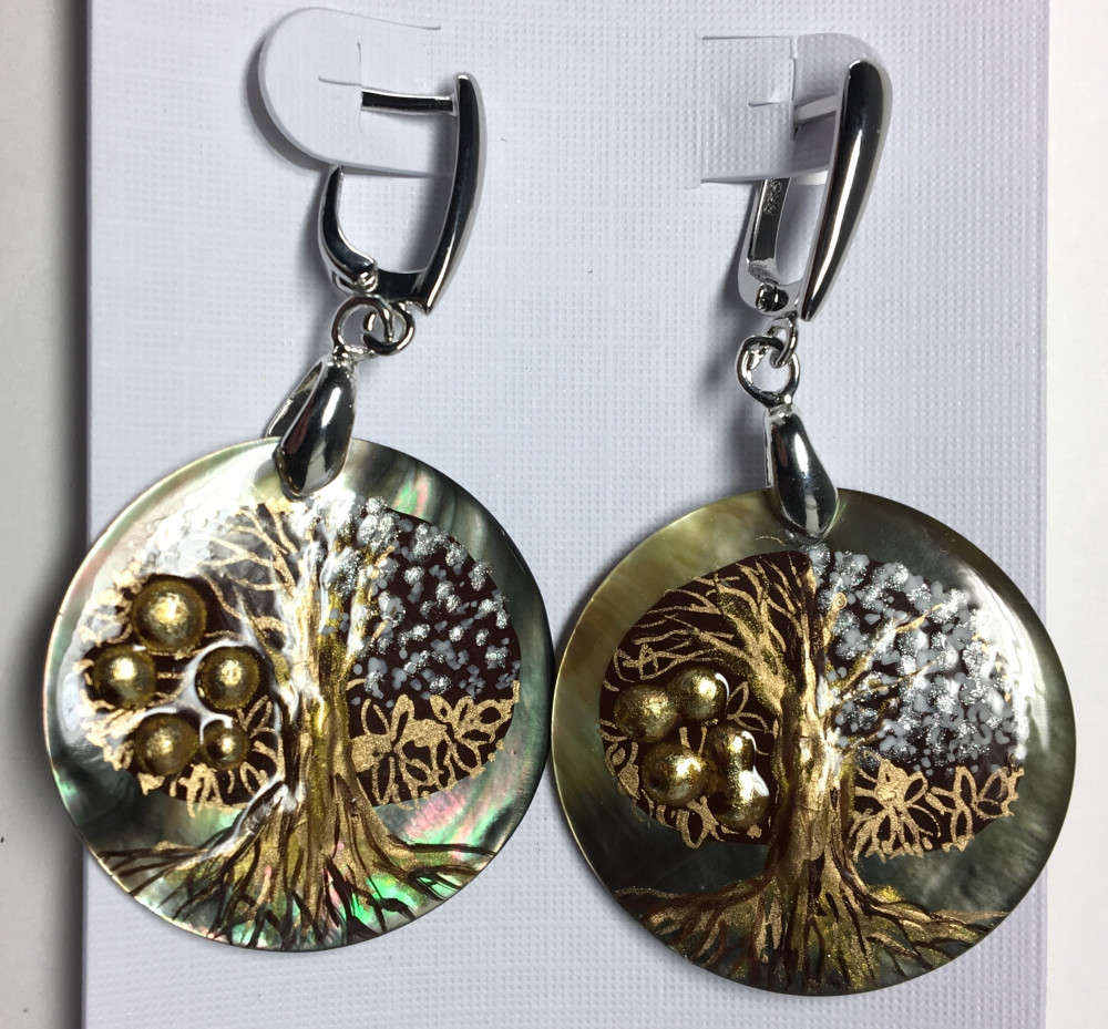 d30 mm Apple Tree hand painted on Nacre Earrings (by Tatiana Shkatulka Crafts)