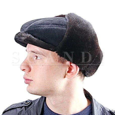Black Suede Bugatti Cap with Ear flaps and Mink Fur (by Scandi Furs)