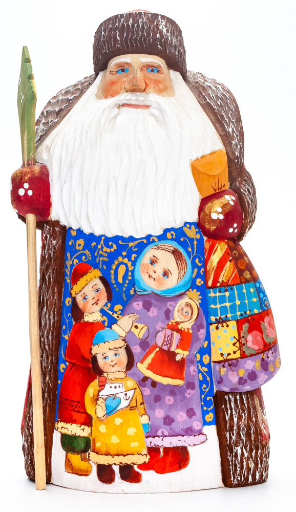 200 mm Santa with a Magic Staff and a Bag with handpainted Playing Children Wooden Carved Statue (by Igor Carved Wooden Figures Studio)