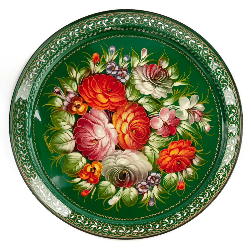 d 385 mm Zhostovo Patterns hand painted and lacquered by Anismova Metal Forged Tray (by Lada Crafts)