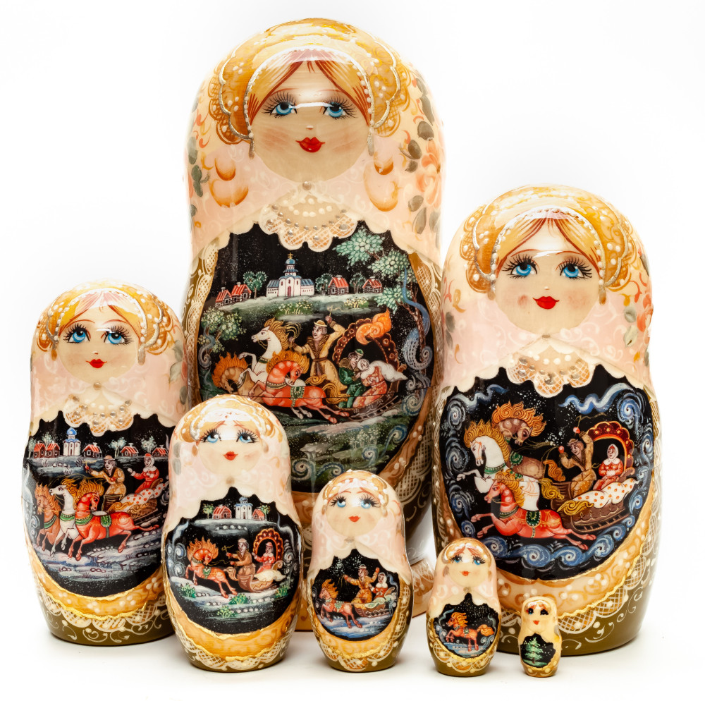 Shop Exclusive Nesting Dolls 220 mm Russian Troika hand painted Matryoshka round Doll 7 pcs (by A Studio) online at Skazka.site | Eligible for fast shipping and free returns. 220 mm Russian Troika hand painted Matryoshka round Doll 7 pcs (by A Studio)