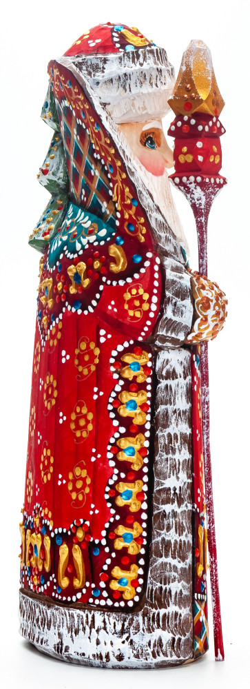 210 mm Santa with a Magic Staff and a Christmas Green Tree handpainted Wooden Carved Statue (by Natalia Nikitina Workshop)