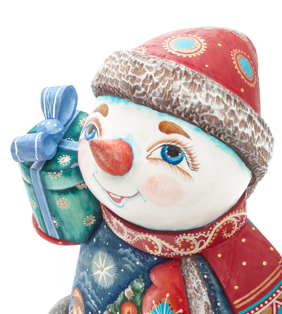 190 mm Snowman with hand painted Kids playing with a Toy Bear wooden figurine (by Sergey Christmas Workshop)