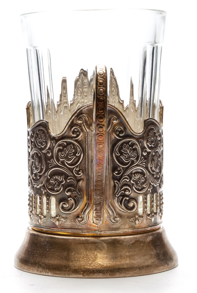 Pushkin Silver Plated Brass Tea Glass Holder with Faceted Glass (by Kolchugino)