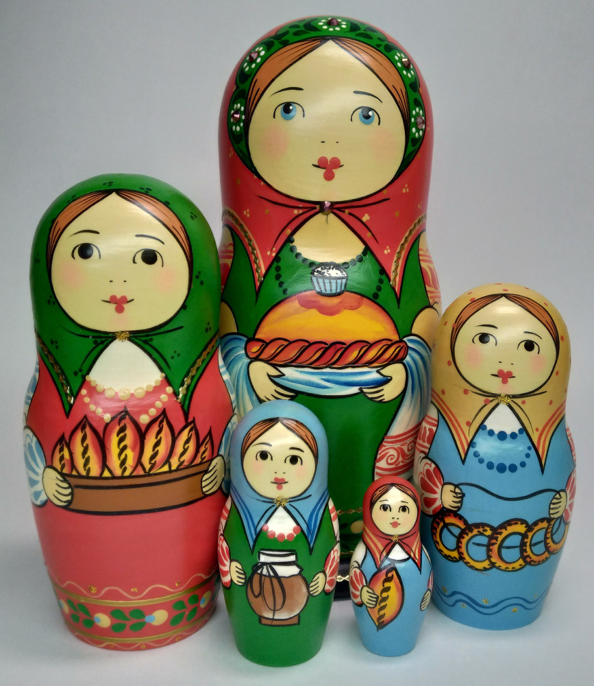 160 mm Mistress with Bread and Salt hand painted Traditional Russian Wooden Matryoshka doll 5 pcs (by Igor Malyutin)