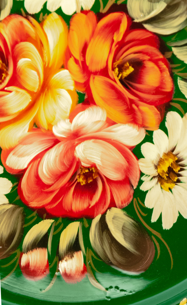 d 230 mm Zhostovo Patterns hand painted and lacquered Metal Forged Green Tray (by Lada Crafts)
