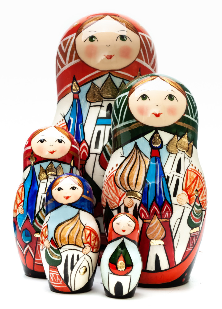 145 mm Moscow Snt Basil Cathedral hand painted by Lentuloff on wooden Matryoshka doll 5 pcs (by A Studio)