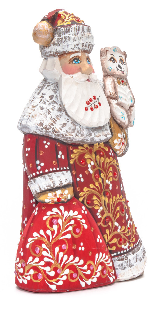 180 mm Santa with a Bag and a Bear Carved Wood Hand Painted Collectible Figurine (by Natalia Nikitina Workshop)