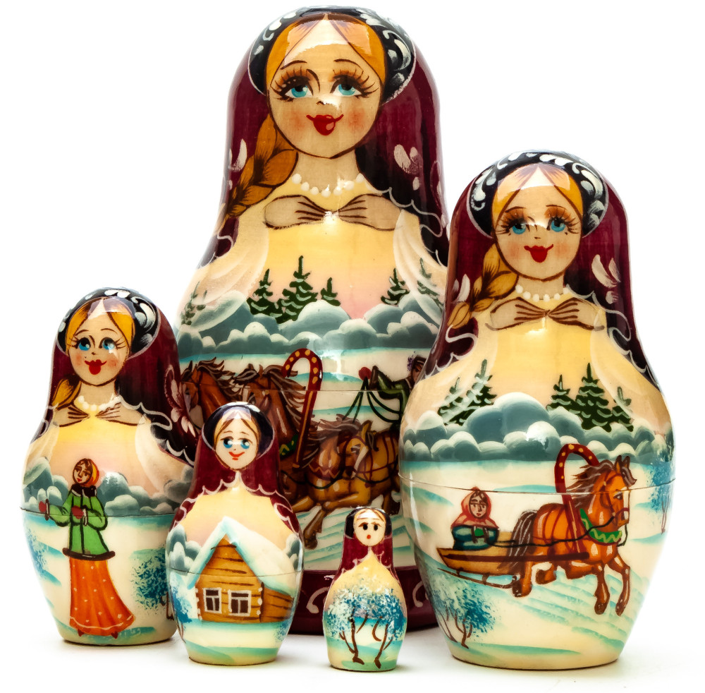 110mm Russian Troika hand painted Matryoshka doll 5pcs