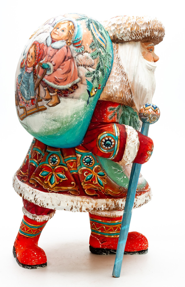 300 mm Santa with a Magic Staff and a Bag with handpainted Bullfinches Wooden Carved Statue (by Igor Carved Wooden Figures Studio)