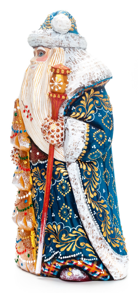 240 mm Santa with a Magic Staff and a Green Christmas Tree Carved Wood Hand Painted Collectible Figurine (by Natalia Nikitina Workshop)