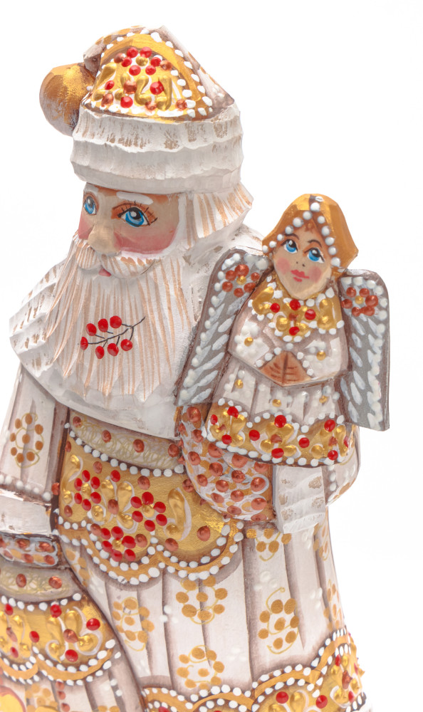 180 mm Santa with a Bag and an Angel Carved Wood Hand Painted Collectible Figurine (by Natalia Nikitina Workshop)