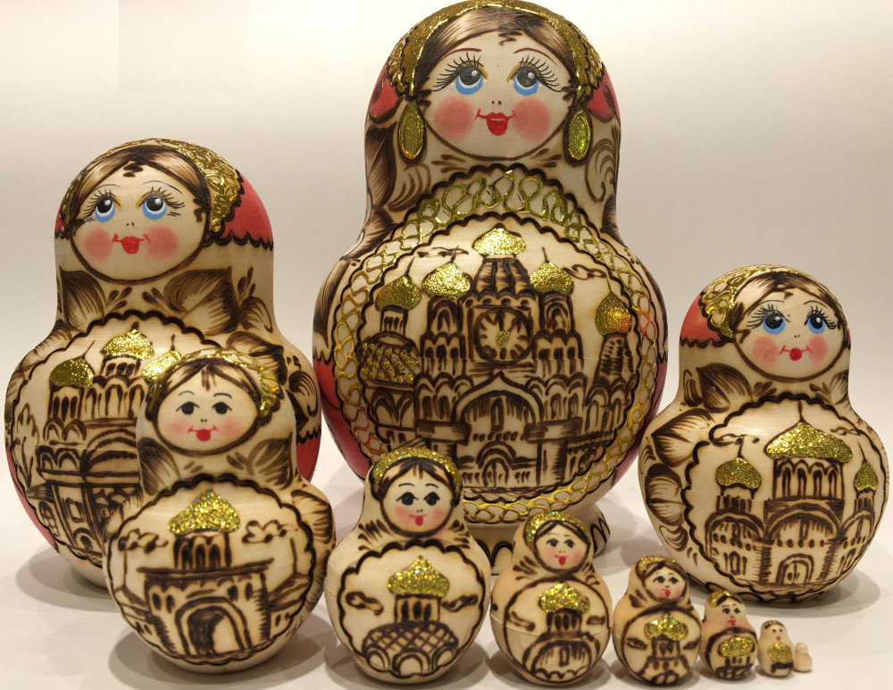 180 mm Moscow Cathedrals hand burnt and painted Wooden Matryoshka doll 10 pcs (by Julia Studio)
