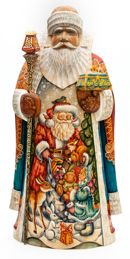 350 mm Santa Claus with a Magic Staff and a Box with handpainted Santa with a Box of Toys Wooden Carved Statue (by Sergey Christmas Workshop)