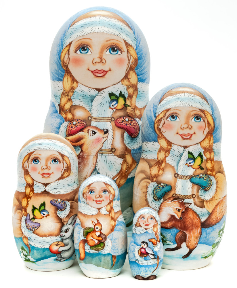180 mm Snowmaiden plays with Animals hand painted wooden Russian Matryoshka doll 5 pcs (by Alexander Studio)