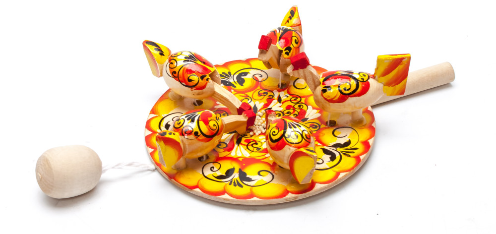 200x140 mm Pecking Chicken Hand Carved and Painted Russian Khokhloma Wooden Toy (by Bogorodskoe Studio)