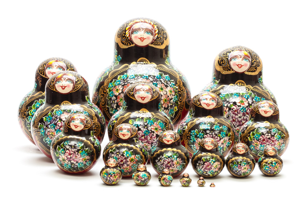200 mm Zhostovo Patterns Hand Painted Matryoshka round Doll 20 pcs (by Olga Zaitseva)