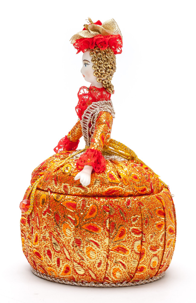 Girl in a Little Hat and Nice Dress Jewelry Box (brocade, hand-sewn Doll by Le Russe)