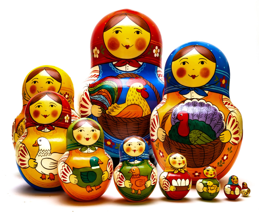 190 mm Mistress with Backet and Cockerel hand painted Traditional Russian Wooden Matryoshka round doll 10 pcs (by Igor Malyutin)
