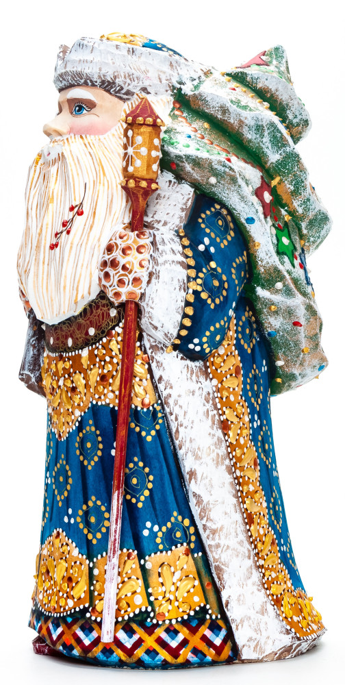 220 mm Santa with a Magic Staff and a Christmas Green Tree handpainted Wooden Carved Statue (by Natalia Nikitina Workshop)
